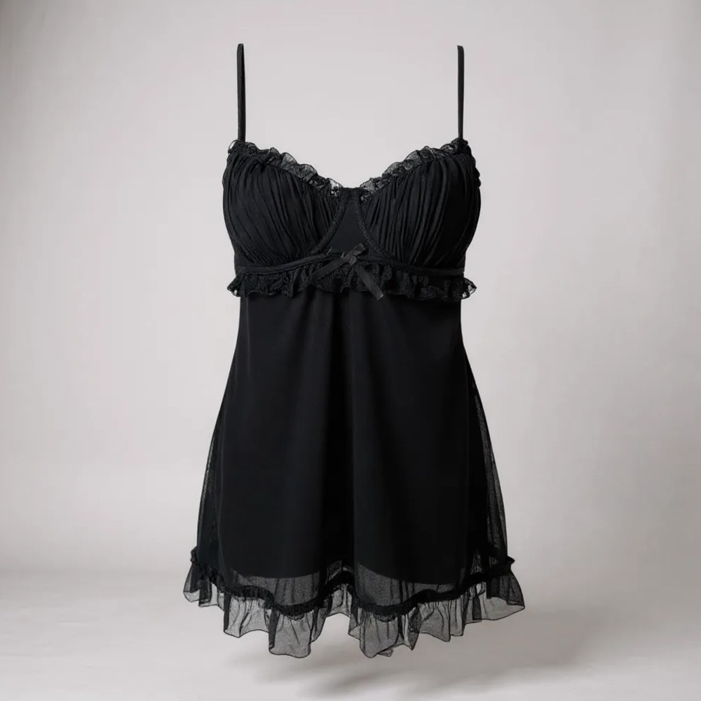 SOPHIE B. Size L Black Chiffon Lace Chemise Nightie Slip Ruffles Bow R $45